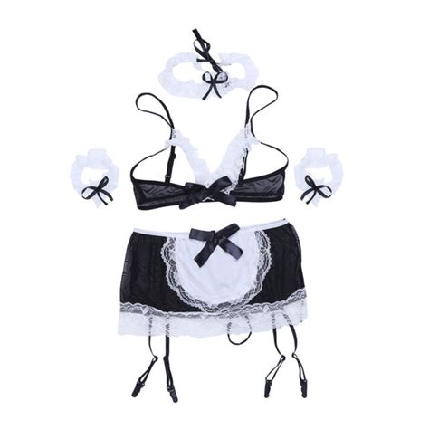 Womens French Maid Cosplay Costume Lingerie Set Halter Open Cup My Xxx Hot Girl