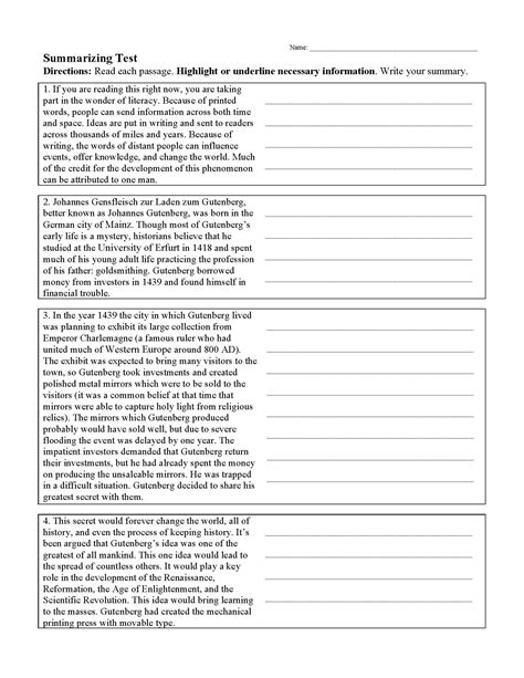Summary Worksheet Grade 5