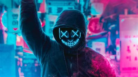 Neon Anonymous Blue Pink Mask Hoods Xx Hd Wallpaper