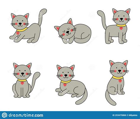 Set Of Cute Gray Cats In Cartoon Style Stock Vector Illustration Of