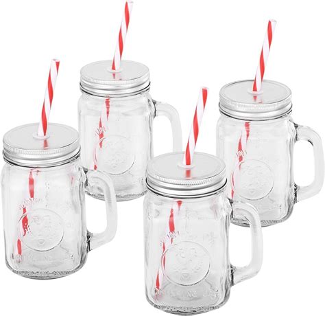 Mason Jar Mugs With Handle Silver Lid And Plastic Straws