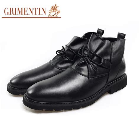 Grimentin Men Ankle Boots Black Lace Up Genuine Leather Fashion