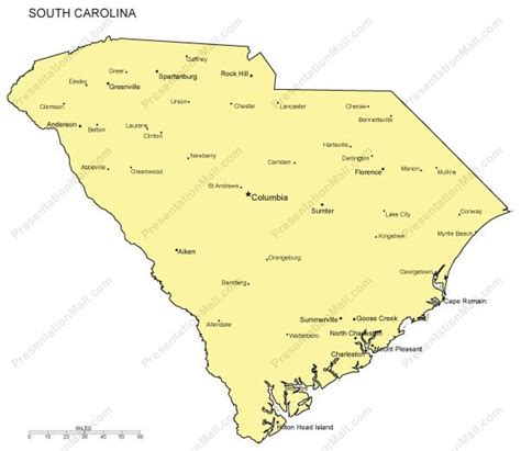 South Carolina Outline Map With Capitals And Major Cities Digital Vector