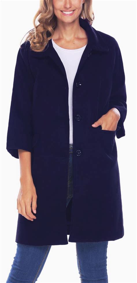 Navy Blue Single Breasted Wool Blend Up Coat Jackets For Women Coat
