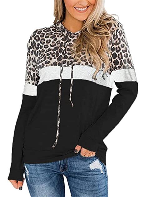 Women Leopard Print Hooded Tops Sweatshirt Long Sleeve Pullover Drawstring Blouse Walmart Com
