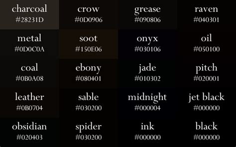 134 Shades Of Black Color With Names Hex Rgb Cmyk Codes Artofit