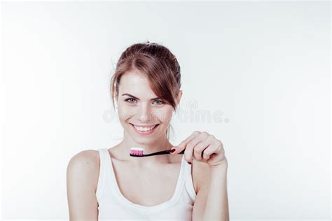 Beautiful Girl Cleans White Teeth Toothbrush Dentistry Stock Image