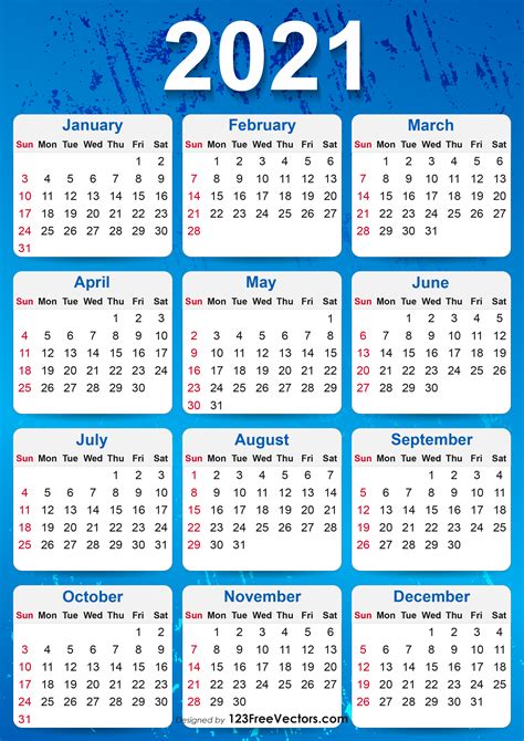 Free Printable Colorful Calendar 2021