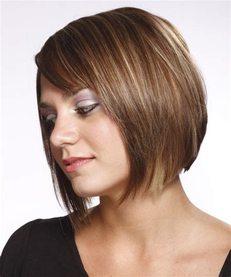 Layered waves will give your hair volume, and highlights will make it look more textured. Medium Straight Ash Brunette Bob Haircut with Side Swept Bangs and Light Blonde Highlights
