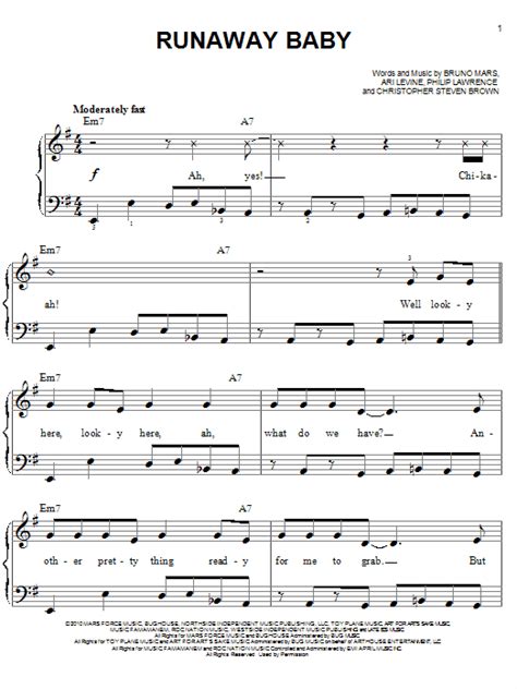 Runaway Baby Sheet Music By Bruno Mars Easy Piano 80477