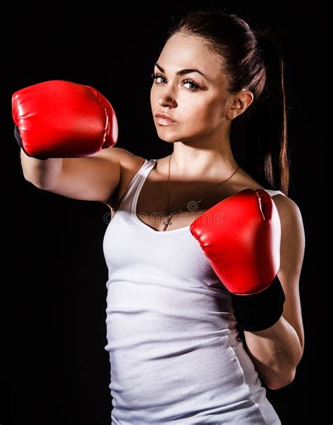 Beautiful Young Woman In A Red Boxing Gloves Stock Photo Image Of