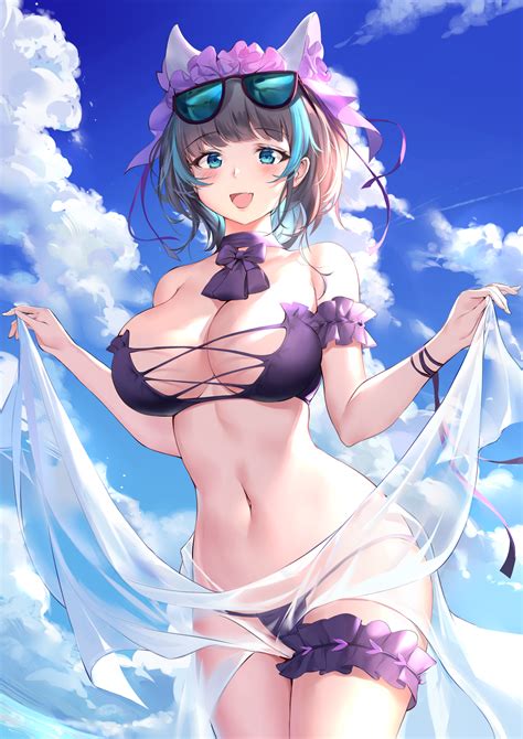 Cheshire Azur Lane PDXen Cleavage Blue Eyes Brunette Multi Colored Hair Anime Anime