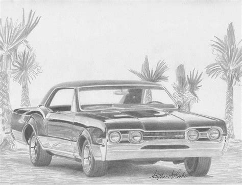 1967 Oldsmobile Cutlass 442 Muscle Car Art Print Drawing By Stephen