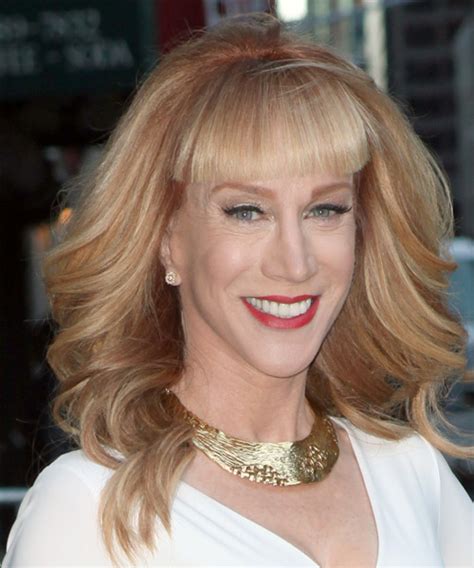 Kathy Griffin Long Wavy Formal Hairstyle With Blunt Cut Bangs Copper