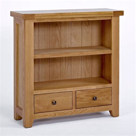 Devon Small Low 2 Shelf Bookcase With Drawers Solid Oak Living Room