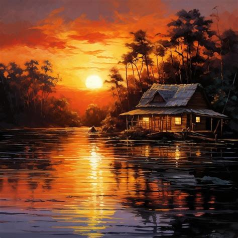 Premium Ai Image A Painting Of A Cabin On A Lake With A Sunset In The