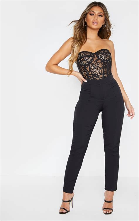 black sheer lace structured corset top tops prettylittlething usa