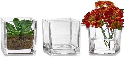 Pack Of 3 Glass Square Vases 34 X 34 Inch Clear Cube Shape Flower