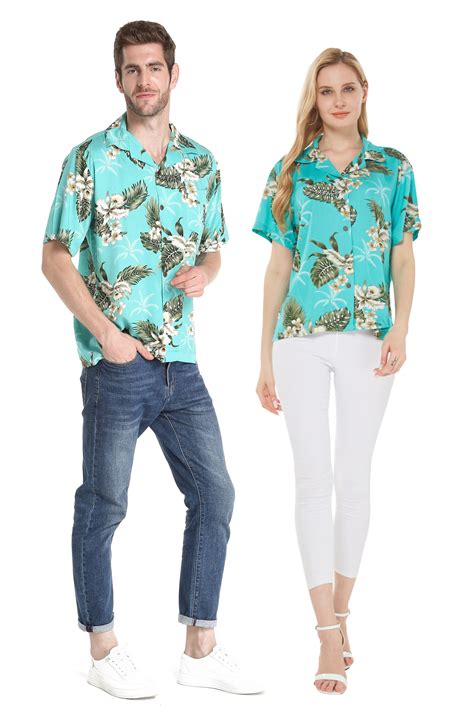 Couple Matching Hawaiian Luau Outfit Aloha Shirts In Palm Green