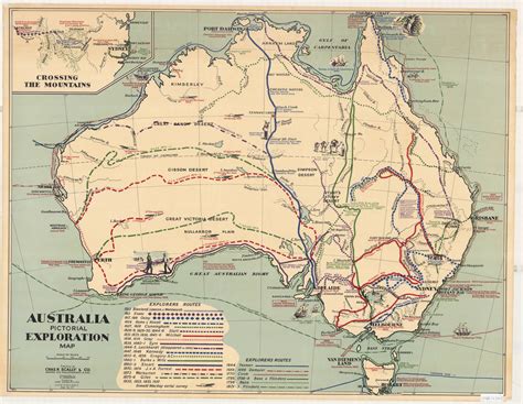 Australia Pictorial Exploration Map 1960s School Map Of Australia