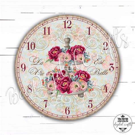 12 Inch Floral Clock Face Large Round Printable Image Digital Etsy