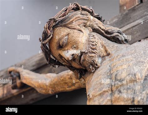 Holy Crucified Jesus Christ Close Up Ancient Wooden Sculpture Bottom