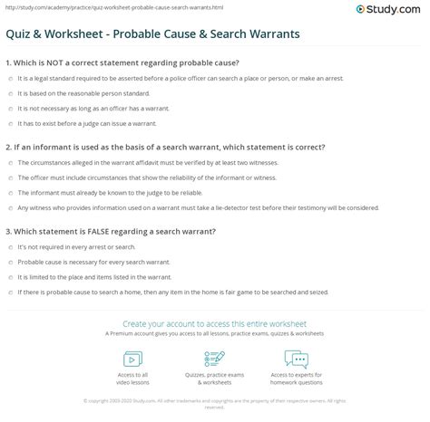 Quiz And Worksheet Probable Cause And Search Warrants