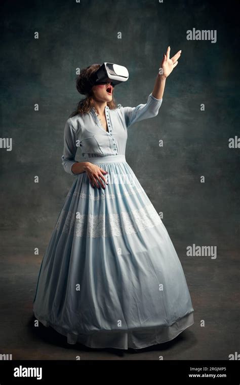 Portrait Of Surprised Aristocratic Woman Wearing Blue Historical Dress
