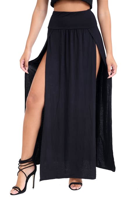 new ladies plain double split high waist side slit basic summer long maxi skirt ebay