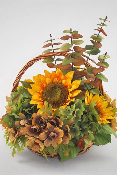 Sunflower Round Fall Basket Silk Floral Arrangement Decor Ornament 16h