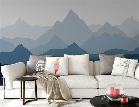 Ombre Mountains Mural Removable Wallpaper Geometry Mountain Etsy Canada