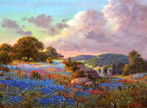 An Oil Painting Of Bluebonnets And Wildflowers In A Field Near A River