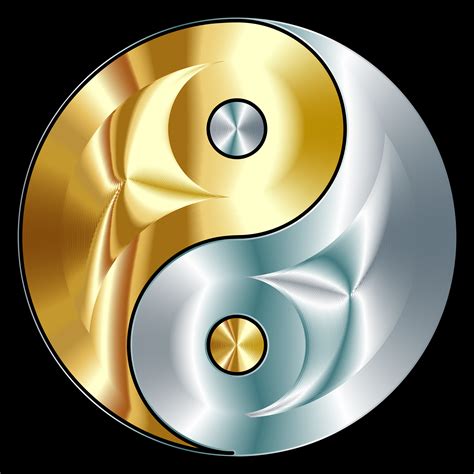 A Gold And Silver Yin Yang Symbol Is Shown In The Center Of This Image