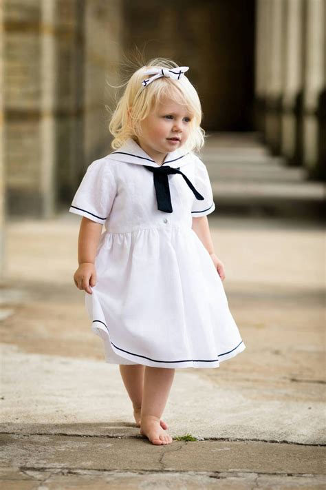 White Linen Christening Sailor Dress Girls Toddler Baby The