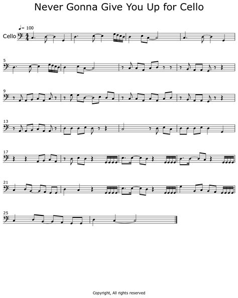 Never Gonna Give You Up For Cello Sheet Music For Cello
