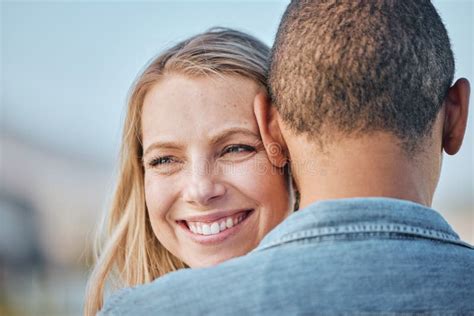 Interracial Couple Woman And Smile On Black Man Shoulder With