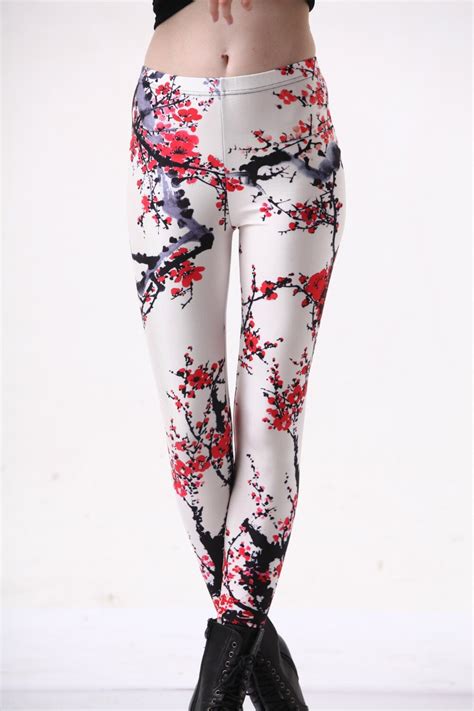 fashion women wintersweet flower print leggings slim fit thin elastic polyester cos party pants