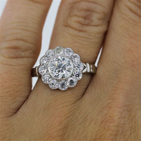 Platinum 115ct Old European Cut Diamond Flower Engagement Ring