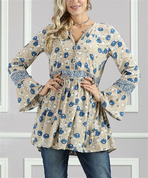 Take A Look At This Taupe Floral Velvet Trim Bell Sleeve Tunic Women