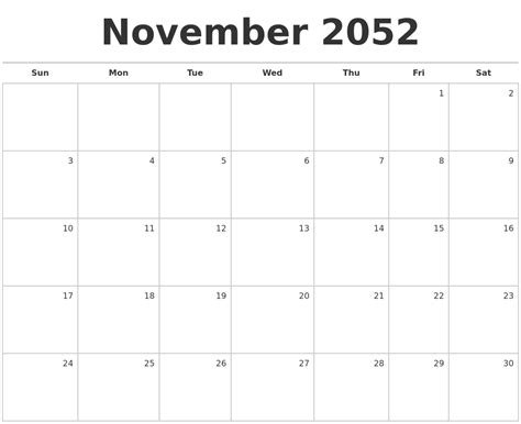 November 2052 Blank Monthly Calendar