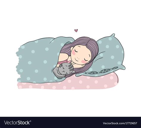 Sleeping Girl And Cat In Bed Good Night Royalty Free Vector