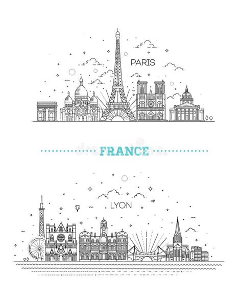 France Skyline With Panorama In White Background Paris And Lyon Stock