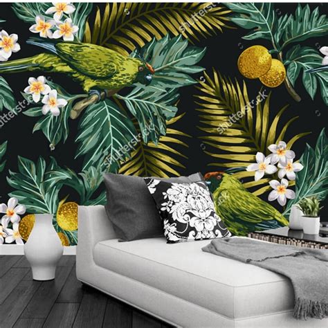 Flower Wallpapertropical Leaves Flowers And Parrot3d Photo Mural For
