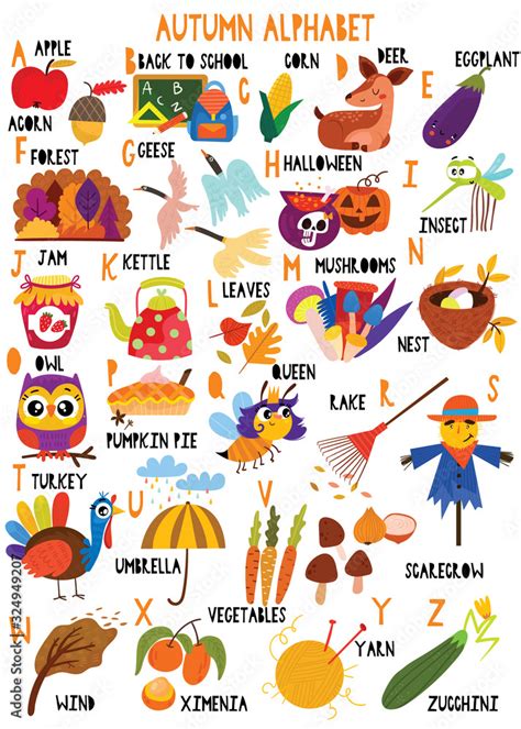 Stylish Autumn Alphabet In Vector Lovely Animals And Items Best Abc