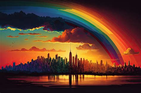 Rainbow With The Sun Setting Behind A City Skyline Casting Warm And