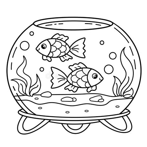 Coloring Page Outline Of Cartoon Round Aquarium With Small Fish Pet