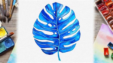 Watercolor Tropical Leaves Painting How To Paint Blue Monstera Leaf