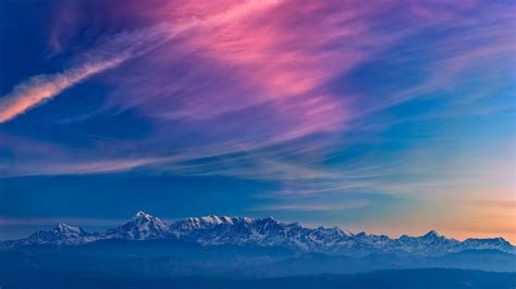 Download 1366x768 Wallpaper Horizon Blue Sky Mountains Fog Sunset