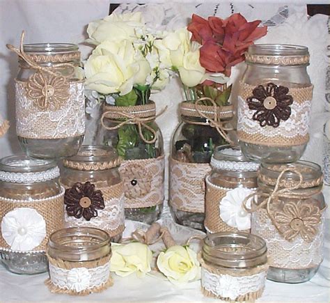 Mason Jar Vases Wedding Burlap Lace Bridal Ribbon Rustic Country Farm