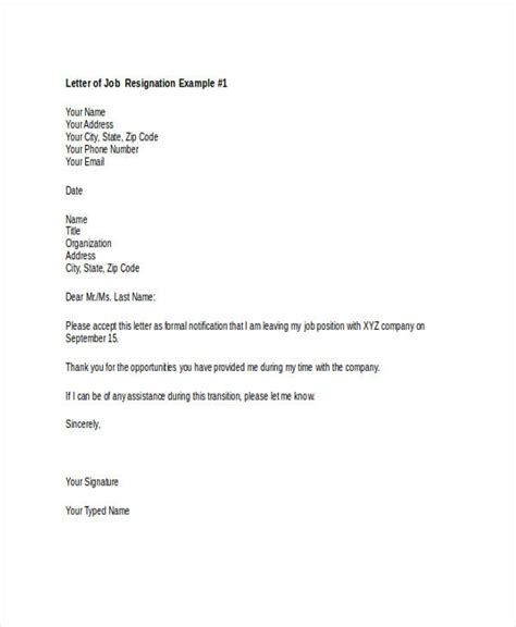 Sample Letter For Resignation Of Job At Sample Letters